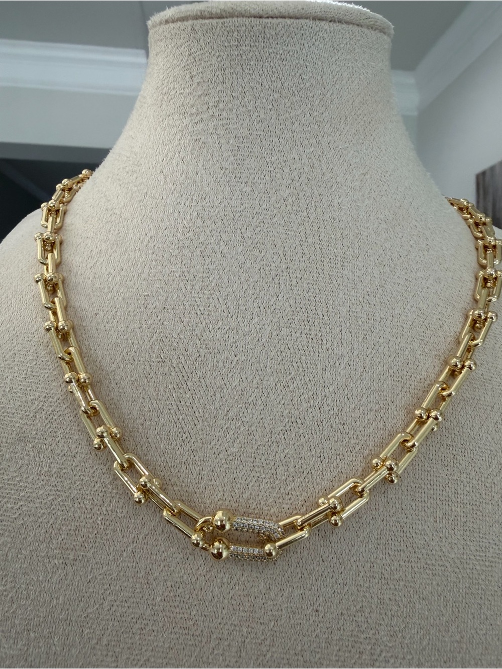 14K Gold Plated Gold Link Chain Necklace with Pave Accent - Women Jewelry
